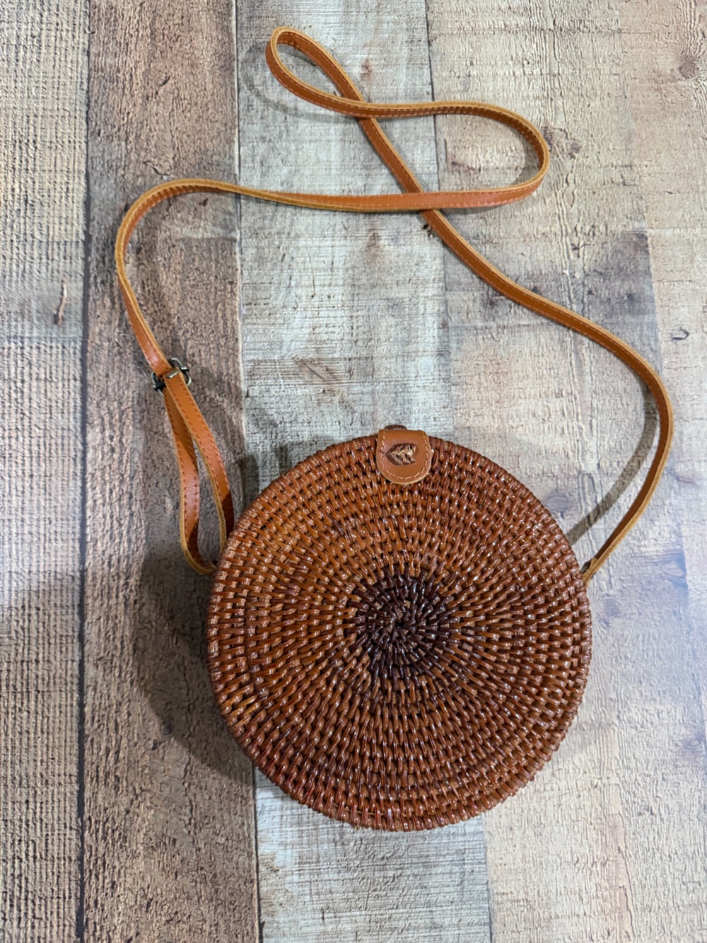 Rattan Round Woven Crossbody Bag in Brown with Adjustable Strap